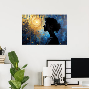 Cosmic Silhouette – Woman in Golden Swirl Galaxy Poster