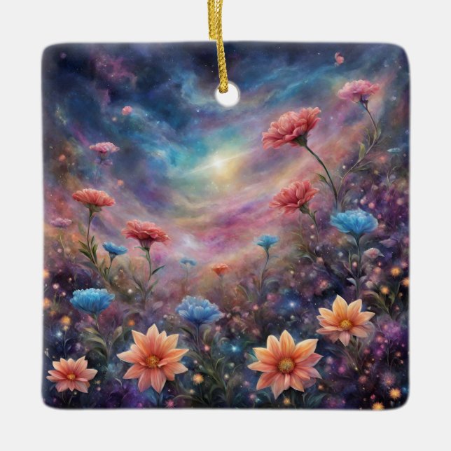 Cosmic sky with fantasy flowers ceramic ornament (Front)