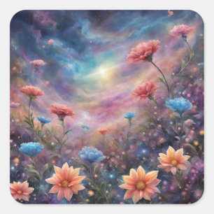 Cosmic sky with fantasy flowers square sticker