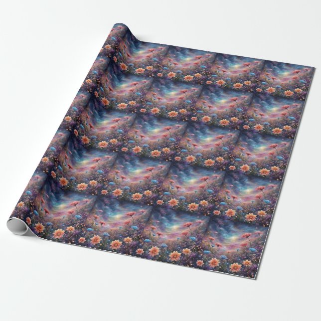 Cosmic sky with fantasy flowers wrapping paper (Unrolled)