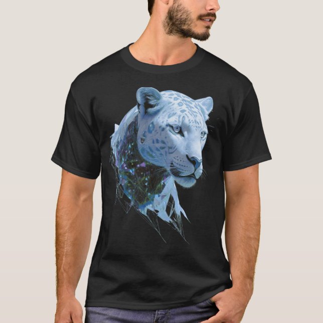 Cosmic Snow Leopard Luxury Abstract Animal Art T-Shirt (Front)