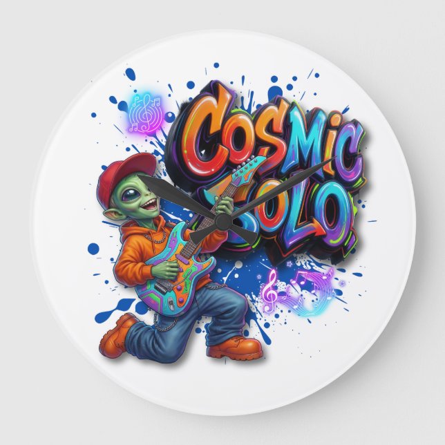 Cosmic Solo Alien Guitar Player Space Music Art Large Clock (Front)