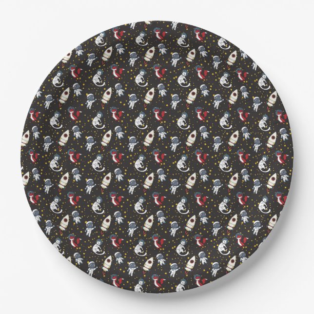 Cosmic space man fox cat stars pattern paper plate (Front)