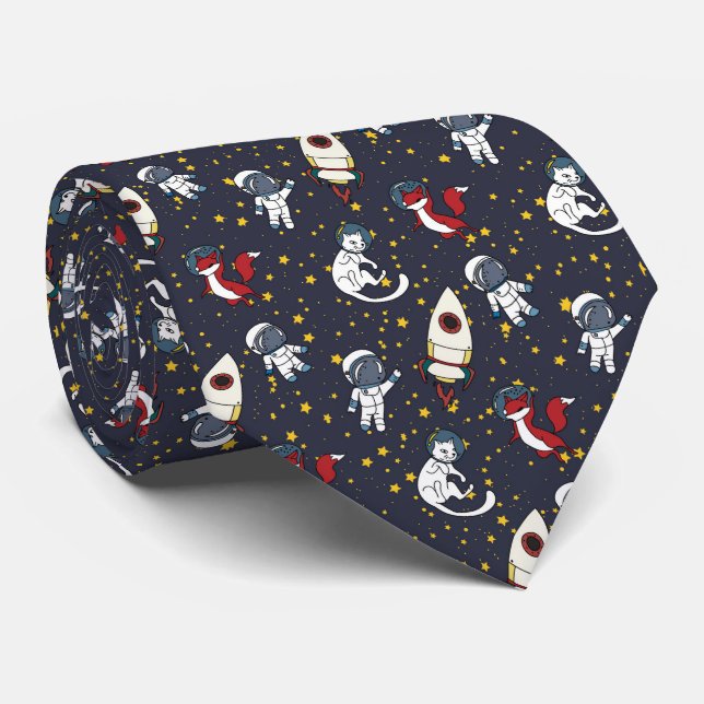Cosmic space man fox cat stars pattern tie (Rolled)