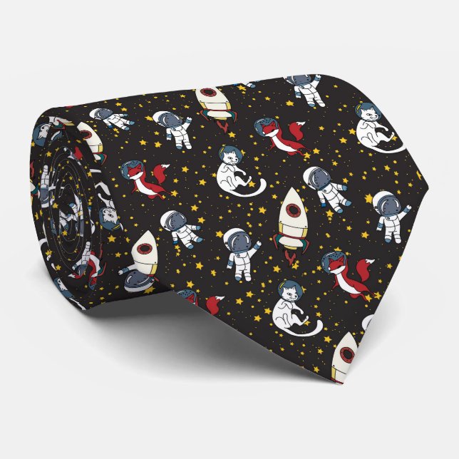 Cosmic space man fox cat stars pattern tie (Rolled)
