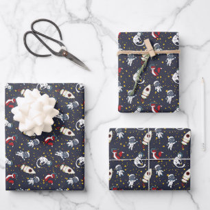 Cosmic space man fox cat stars pattern wrapping paper sheet