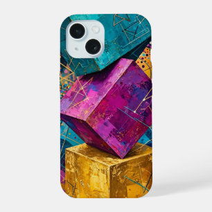 Cosmic Stacked Cubes - Teal Magenta Gold Abstract iPhone 15 Case