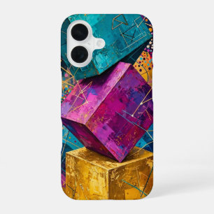 Cosmic Stacked Cubes - Teal Magenta Gold Abstract iPhone 16 Case