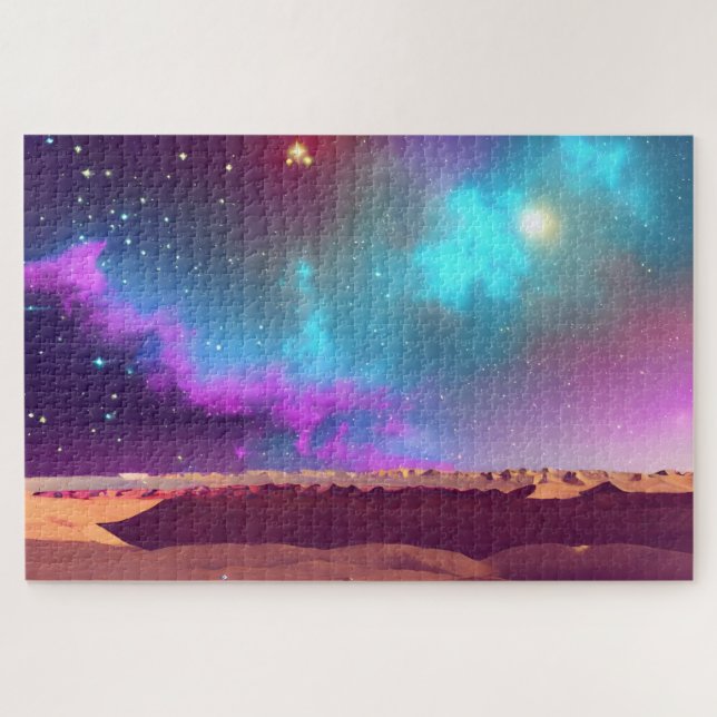 Cosmic Star Night Desert Below Purple and Blue Fog Jigsaw Puzzle (Horizontal)
