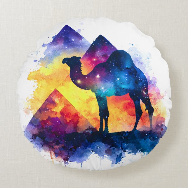 Cosmic Starry Night Egyptian Camel Landscape Round Cushion (Front)
