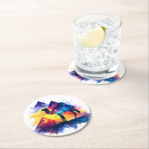 Cosmic Starry Night Egyptian Camel Landscape Round Paper Coaster