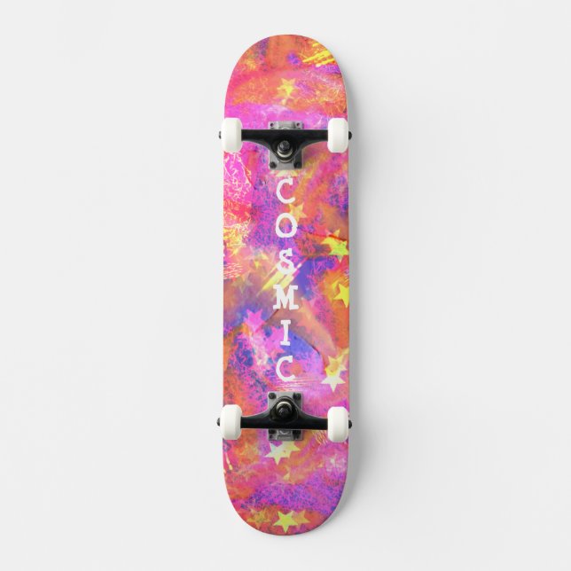 Cosmic Stars in a galaxy of pink blue orange reds Skateboard (Front)