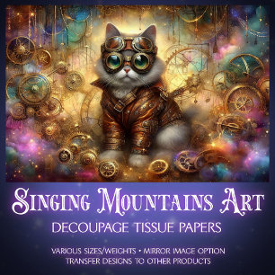 Cosmic Steampunk Celestial Fantasy Cat Decoupage  Tissue Paper