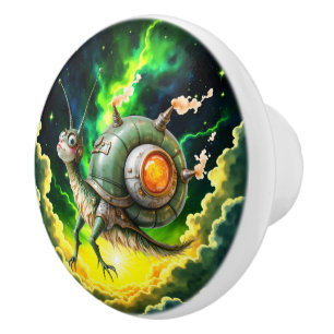 Cosmic Steampunk Snailbird – Neon Dream Creature. Ceramic Knob