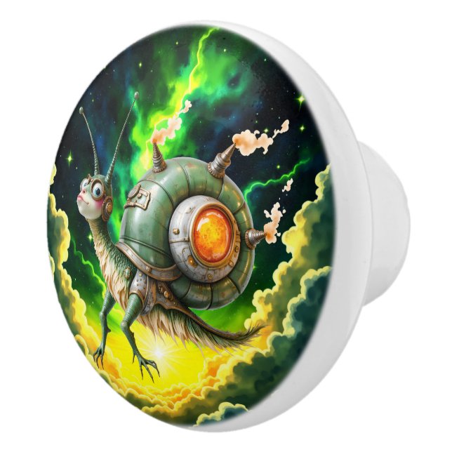 Cosmic Steampunk Snailbird – Neon Dream Creature.  Ceramic Knob (Right)