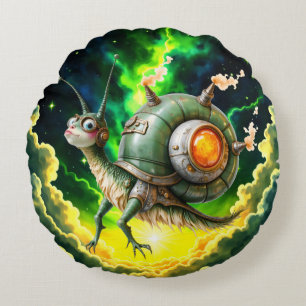 Cosmic Steampunk Snailbird – Neon Dream Creature.  Round Cushion