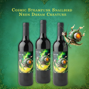 Cosmic Steampunk Snailbird – Neon Dream Creature. Wine Label