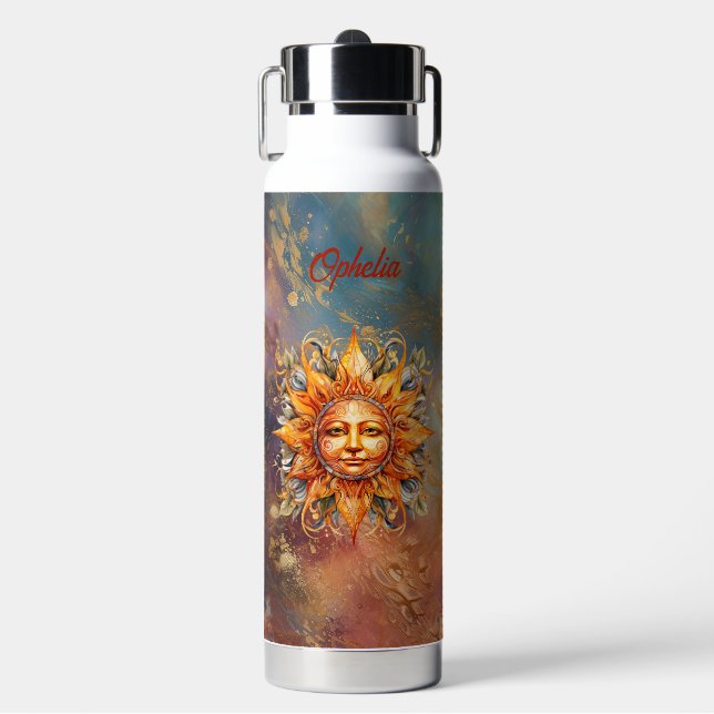 Cosmic Sun Face Digital Art Personalised Water Bottle (Front)