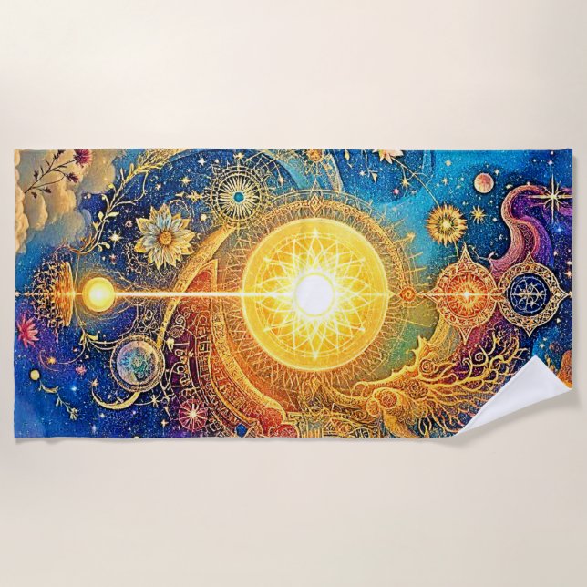 Cosmic Sun Mandala Art Beach Towel (Front)