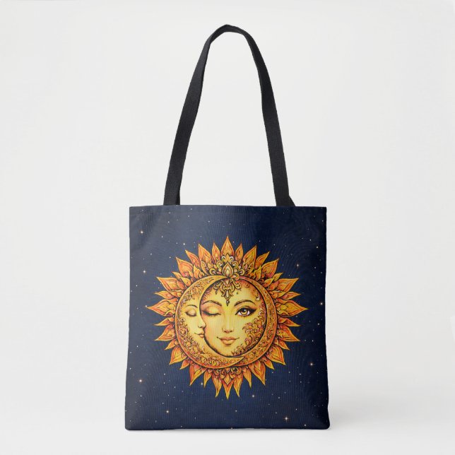 Cosmic Sun Moon Boho Goddess Celestial Mandala Art Tote Bag (Front)