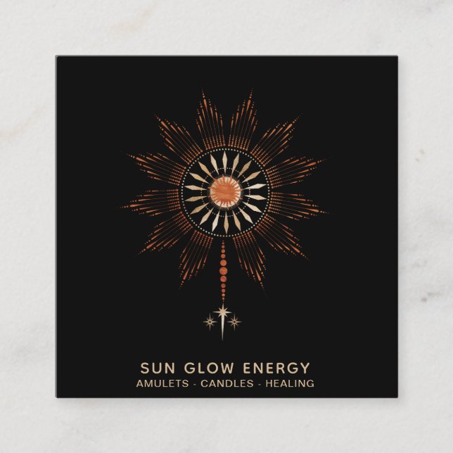 *~* Cosmic Sun Rays Energy Glow Stars Square Business Card (Front)