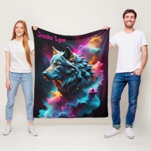 Cosmic Surreal Fantasy Wolf Custom Abstract Art Fleece Blanket