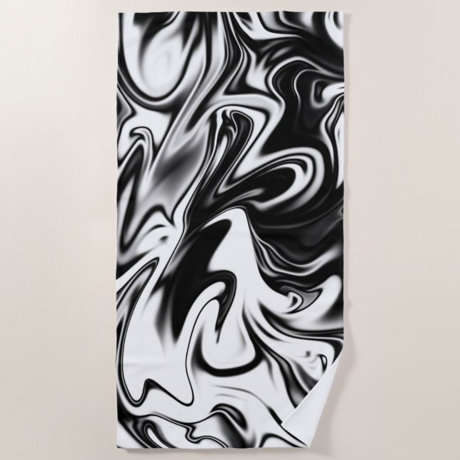 "Cosmic Swirl: The Black and White Marble Elegance Beach Towel (Front)