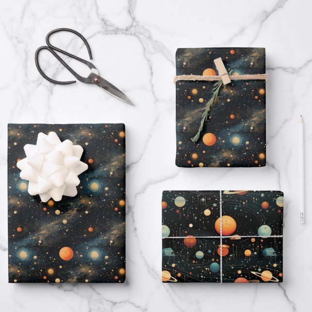 Cosmic Symphony: Solar System Musical Design Wrapping Paper Sheet (Front)