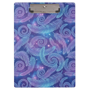 Cosmic Teal-Purple Feather Swirl Pattern Clipboard