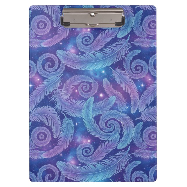 Cosmic Teal-Purple Feather Swirl Pattern Clipboard (Front)