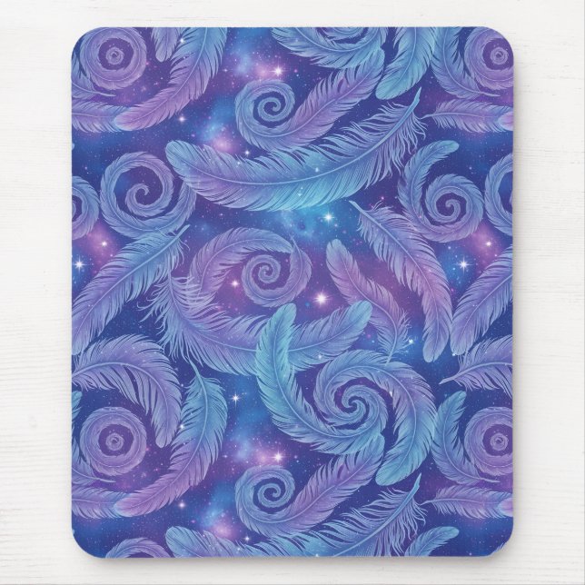 Cosmic Teal-Purple Feather Swirl Pattern Mouse Mat (Front)