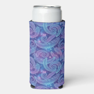 Cosmic Teal-Purple Feather Swirl Pattern Seltzer Can Cooler
