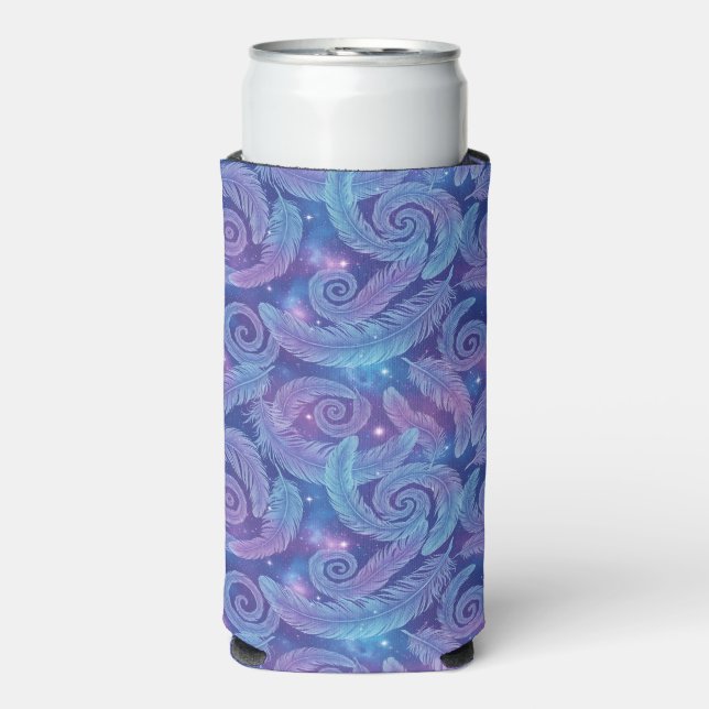 Cosmic Teal-Purple Feather Swirl Pattern Seltzer Can Cooler (Seltzer Front)