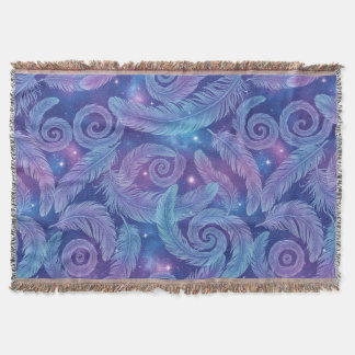 Cosmic Teal-Purple Feather Swirl Pattern Throw Blanket