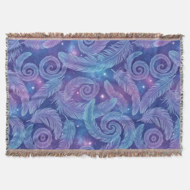Cosmic Teal-Purple Feather Swirl Pattern Throw Blanket (Front)