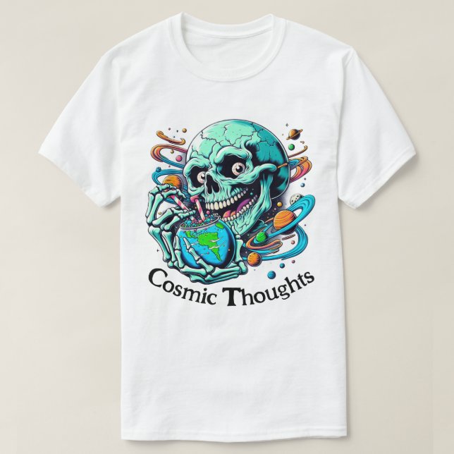 Cosmic Thoughts" Vibrant Skull & Earth T-Shirt (Design Front)
