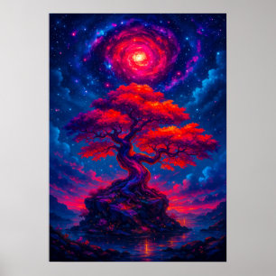 Cosmic Tree of Life under Galaxy Sky Fantasy Poster