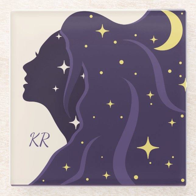 Cosmic Universe Lady Purple Gold Stars Personalise Glass Coaster (Front)