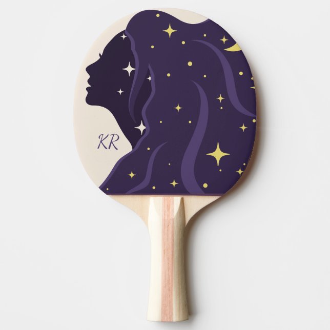 Cosmic Universe Lady Purple Gold Stars Personalise Ping Pong Paddle (Front)