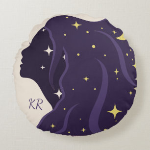 Cosmic Universe Lady Purple Gold Stars Personalise Round Cushion