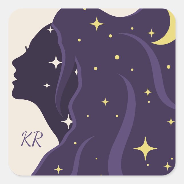 Cosmic Universe Lady Purple Gold Stars Personalise Square Sticker (Front)