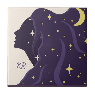 Cosmic Universe Lady Purple Gold Stars Personalise Tile