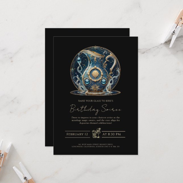 Cosmic Water Bearer Star Sign Black Gold Aquarius Invitation (Front/Back In Situ)