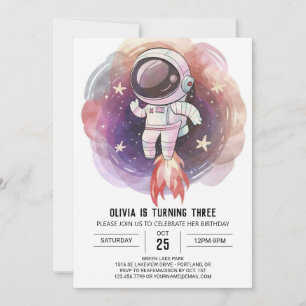Cosmic Watercolor Magic Astronaut Birthday Invitation