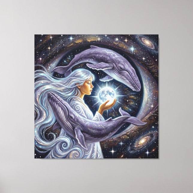 Cosmic Whale and the Girl – Spiritual Surreal Fant Canvas Print (Front)