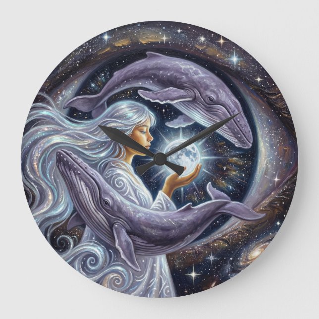 Cosmic Whale and the Girl | Surreal Wall Clock (Front)