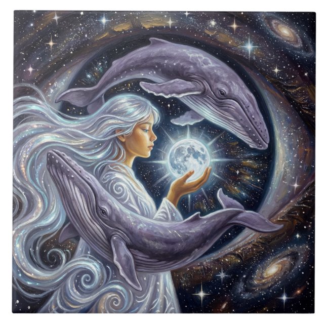Cosmic Whale & Girl Photo Tile (Front)
