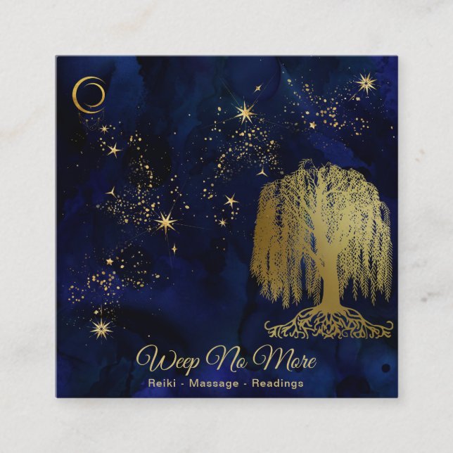 ** Cosmic Willow Tree Moon Gold Universe Square Business Card (Front)
