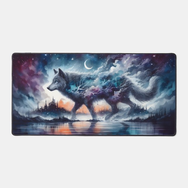 Cosmic Wolf Beneath Moonlit Skies Desk Mat (Front)