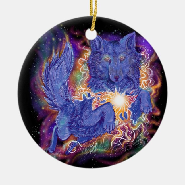 Cosmic Wolf Ceramic Tree Decoration (Front)